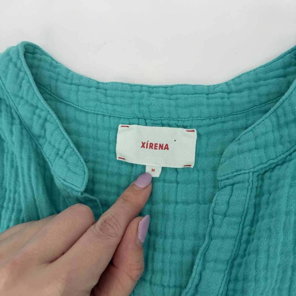 Xirena Sz M Teal V Neck‎ Short Sleeve Top Popover Cotton Gauze Cap Sleeve Blouse - Picture 5 of 7